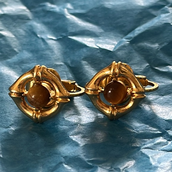 Trifari Jewelry - Crown Trifari Tiger Eye Clip Earrings